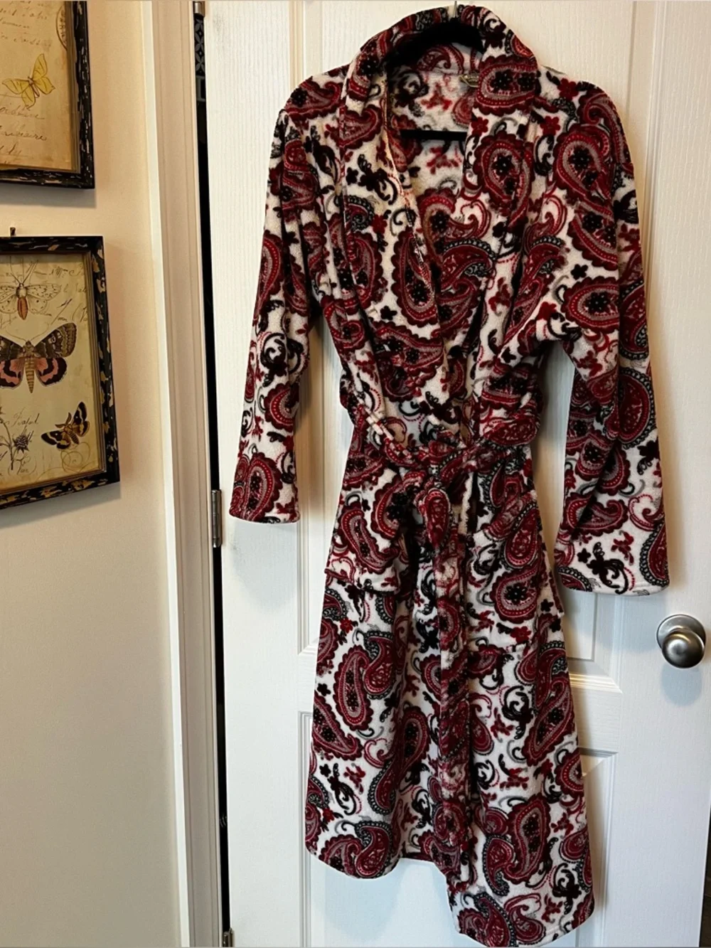 Laura Ashley Plush Paisley Robe Red White Fluffy Has Pockets S/M